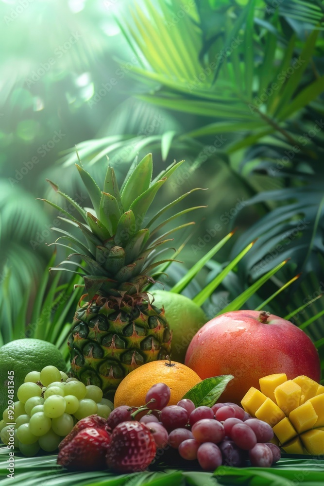 Poster a colorful arrangement of various fruits on a table