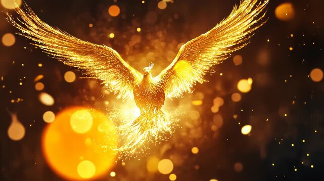 Low-angle wide shot: Fiery phoenix rises from swirling flames. Camera slowly tracks upward, following the majestic creature's ascent. Particle effects and lens flares enhance the magical atmosphere.	