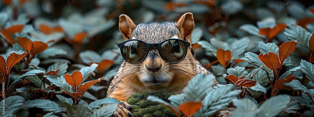 Sticker cool squirrel wearing sunglasses in bush