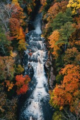 Aerial view of a waterfall with lush greenery and trees surrounding the natural wonder
