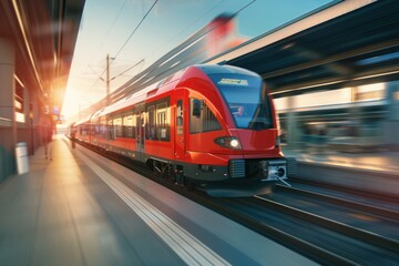 Fototapeta premium A Red Train Speeding Through a Train Station