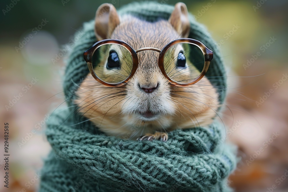 Poster a cute squirrel wearing glasses and a scarf