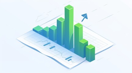 Simple bar graph on paper with green bars and a central upward-pointing arrow. The design features a white and blue background, ideal for illustrating growth and positive trends in data.