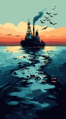 Fototapeta premium Oil spills spread across the ocean surface as a ship releases contaminants under a colorful sunset sky