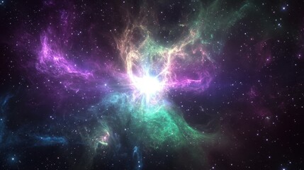 Naklejka premium A vibrant cosmic scene depicting a nebula with colorful gases and stars.