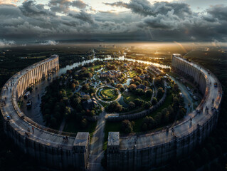 Naklejka premium Aerial View of Circular Urban Landscape Surrounded by Towering Structure at Sunset