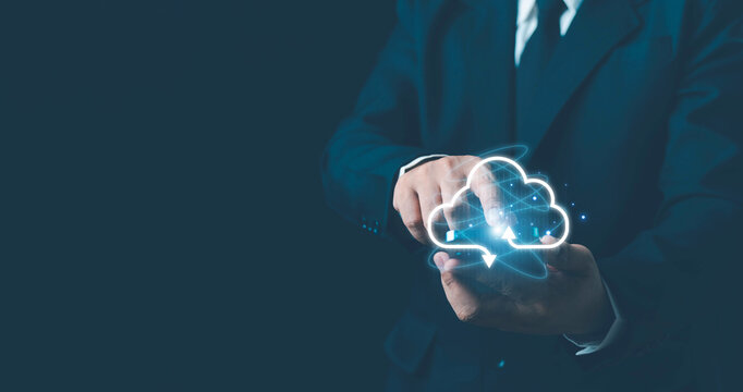 Cloud computing concept, Businessman or information technologist with cloud computing icon. data cloud, online data storage for business networks with cyber security software, Cloud technology concept