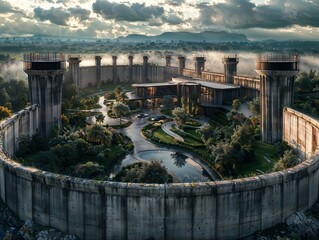 Naklejka premium Aerial View of Modern Fortress with Lush Gardens and Towers at Sunset