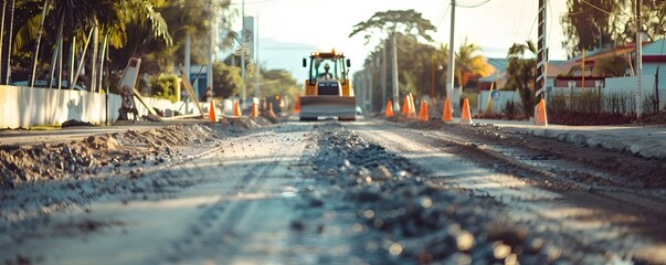 Construction Vehicle and Puddles on a Newly Constructed Road