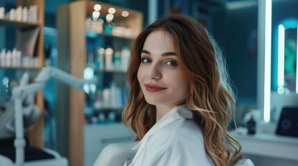 A woman sits comfortably in a salon chair, ready for her appointment