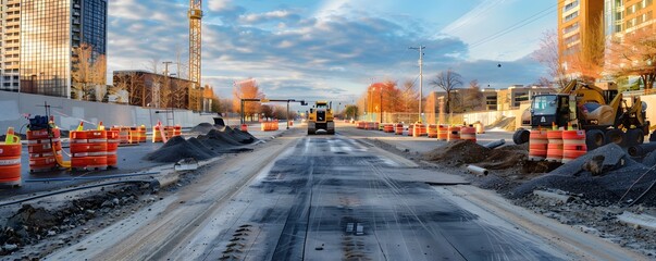 Road Construction with a Yellow Excavator and Traffic Cones