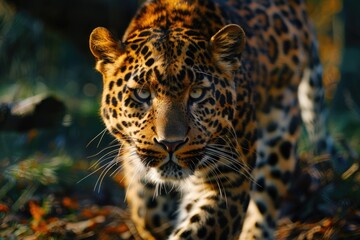 Fototapeta premium A close-up view of a leopard walking through tall grass, its spots and fur visible