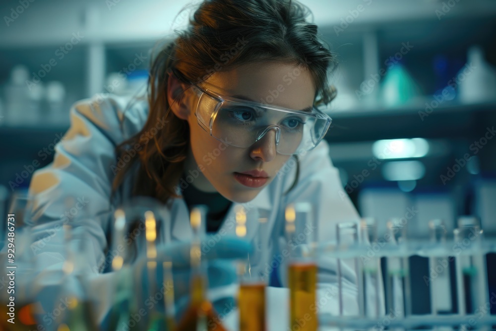 Poster scientist examining test tubes with microscope