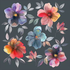 colorful watercolor flowers on a gray background for a tattoo, for wallpaper, generative AI