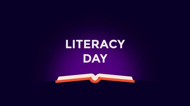 a "Literacy Day" title with a sleek, opening book animation at the bottom. The background transitions smoothly in shades of purple, giving the motion graphic a dynamic and modern appeal