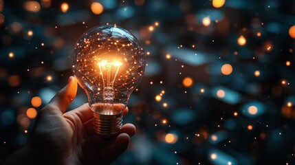 A hand holding a light bulb with a glowing filament.