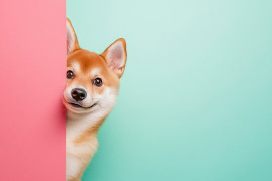 Portrait funny and happy shiba inu puppy dog peeking out from behind a color banner. Isolated on color pastel background , ai