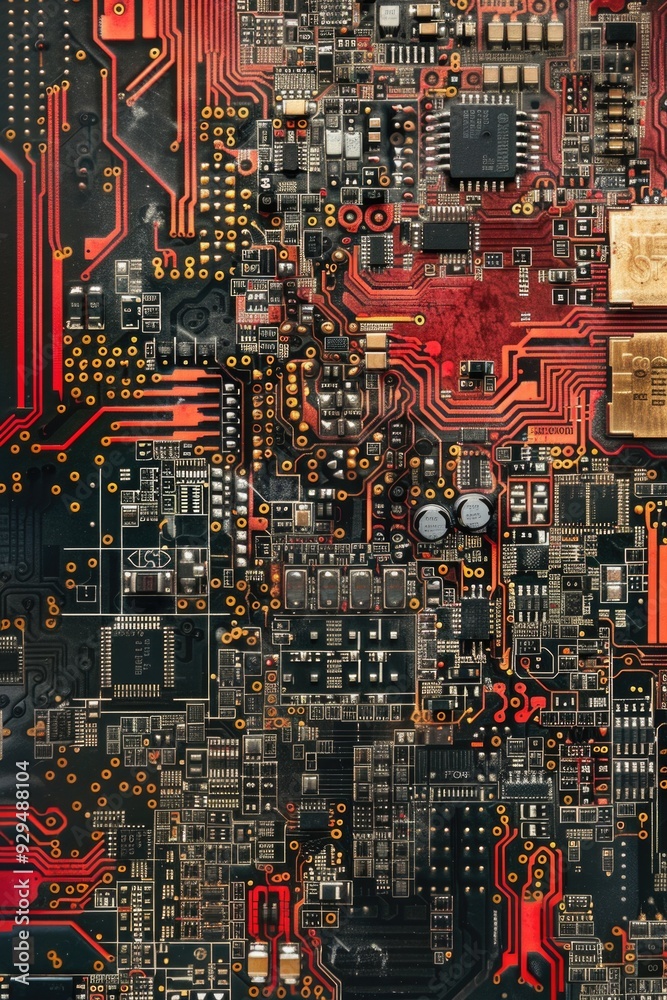 Leinwandbilder A close-up view of a computer motherboard with various components and wires visible