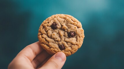 A hand holding a freshly baked chocolate chip cookie against a blue background.