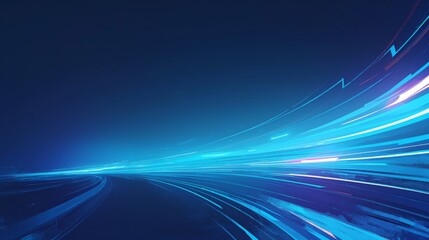 Acceleration speed motion on a night road with light and stripes moving fast over a dark background. This abstract blue illustration captures dynamic movement and high-speed effects.