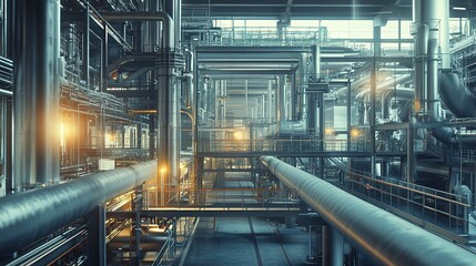 Fototapeta premium A large-scale production facility with advanced machinery and a network of pipes and conveyors, emphasizing the scale of the operation