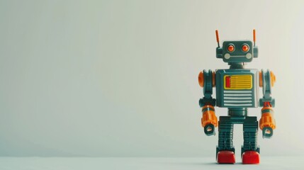Fototapeta premium Antique toy robot proudly displayed on a white surface against a light blue background, evoking nostalgic memories and fusing science with imagination in a futuristic design