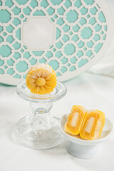 Close-up of snowy mooncakes during the traditional Mid-Autumn Festival
