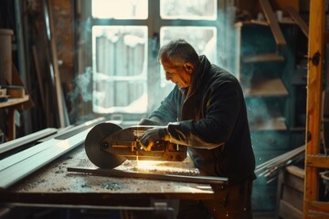 A person is working on a piece of wood in a workshop, likely engaged in woodworking or crafting