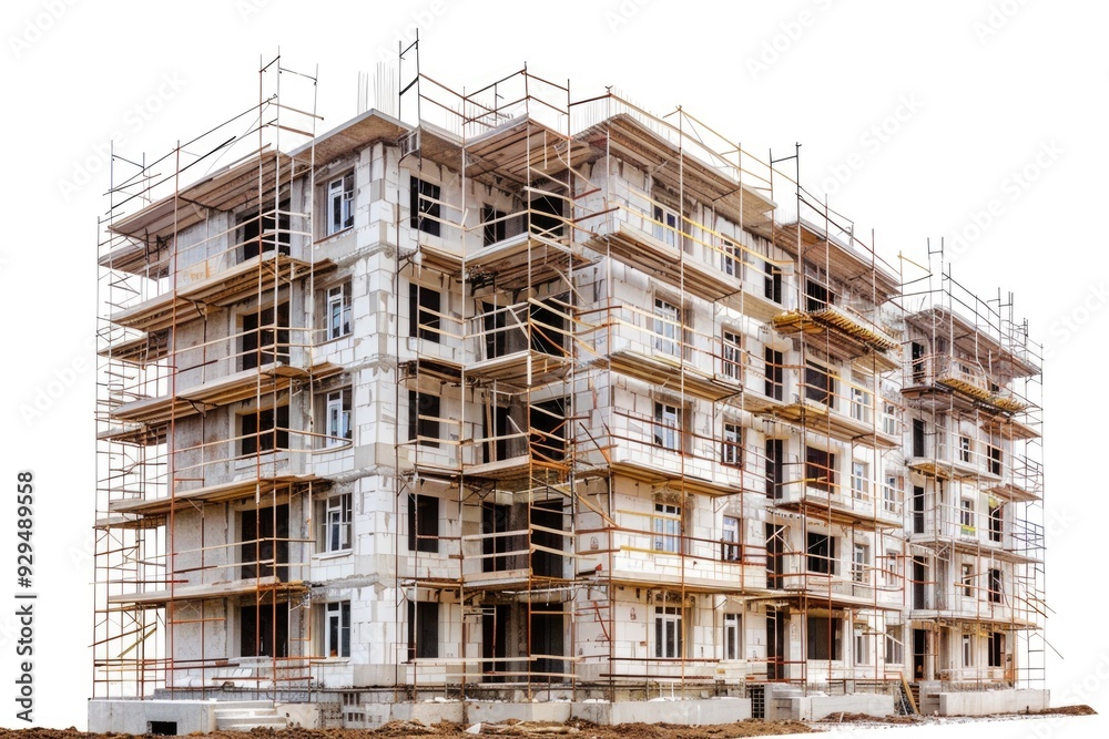 Poster a tall building under construction with scaffolding on the rooftop