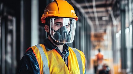 Fototapeta premium A laborer wearing a full set of safety gear, including a hard hat, face shield, and reflective vest, while operating a power tool on-site