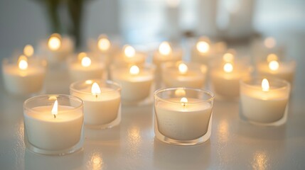 Numerous small candles aglow on a table, setting a romantic and spiritual ambiance