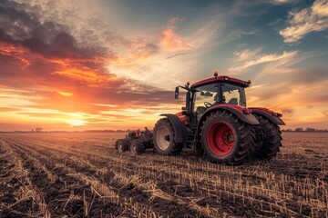 Fototapeta premium A tractor driving through a field with a beautiful sunset in the background