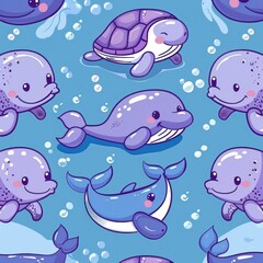 Cute Cartoon Sea Animals Seamless Pattern
