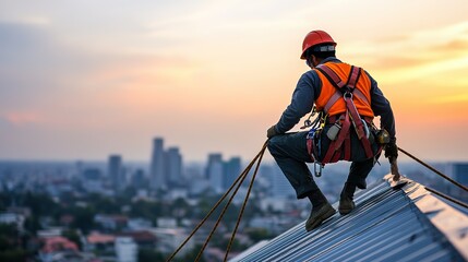 A laborer on a rooftop installing insulation while harnessed to a safety line, with a cityscape in the background