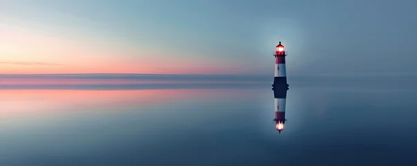 Selbstklebende Fototapeten A Lighthouse Stands Alone in a Calm Sea at Sunset © sungedi