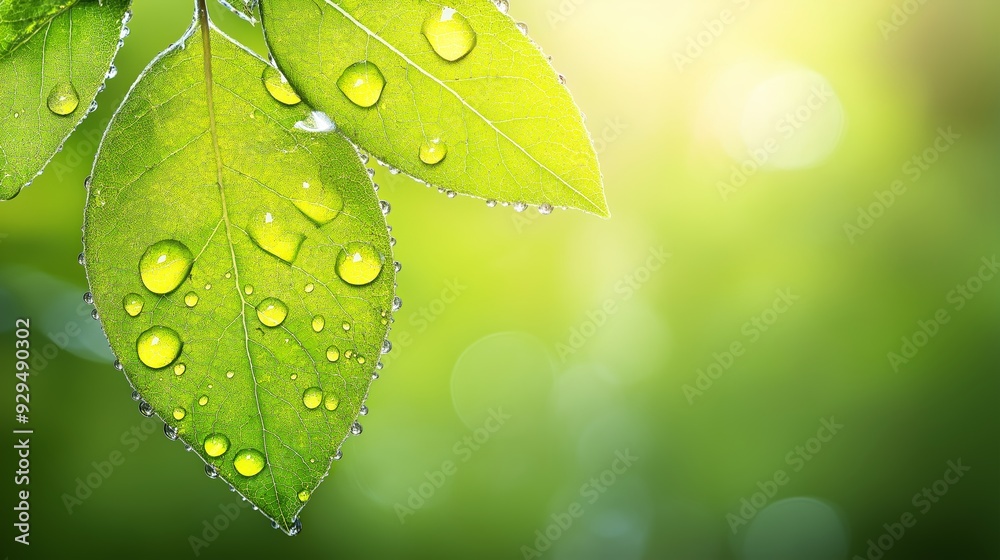 Sticker Close-up of dew drops glistening on lush green leaves, creating a refreshing and vibrant scene.