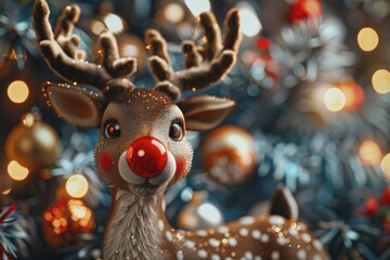 Obraz premium Close-up of a reindeer figurine placed in front of a decorated Christmas tree