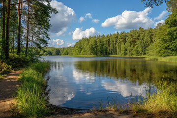 Obraz premium beautiful lake with a small beach and trees and forest beautiful green nature in the background in summer on vacation, generative AI