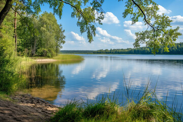 beautiful lake with a small beach and trees and beautiful green nature in the background in summer on vacation, generative AI