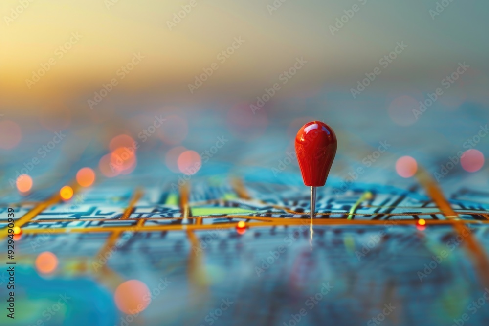 Poster a red pin sitting on top of a map, indicating a location or destination
