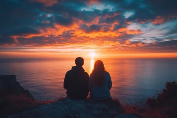 A couple silhouetted against a vibrant sunset over the ocean