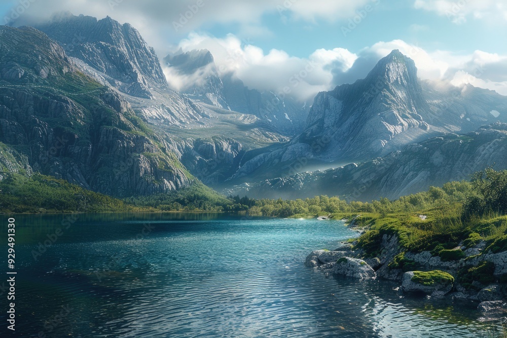 Aufkleber Mountainous scenery with calm water and reflection of surrounding mountains