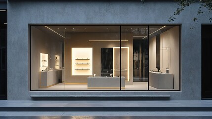 Fototapeta premium A high-end retail storefront with a minimalist design, showcasing luxury items in elegantly arranged displays