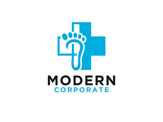 Foot Care Medical Logo. Blue Cross Sign with Negative Space Footprint inside isolated on White Background.
