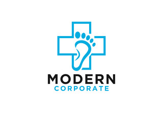 Foot Care Medical Logo. Blue Cross Sign with Negative Space Footprint inside isolated on White Background.