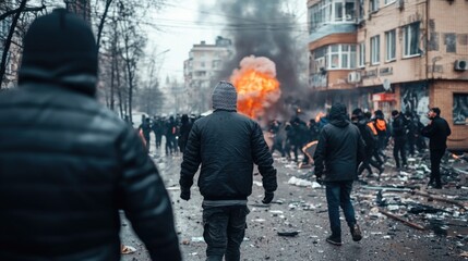Street unrest: intense city riots featuring violent protest march, with explosions, smoke filling the air, showcasing conflict between angry demonstrators, police amidst chaos of urban disaster.
