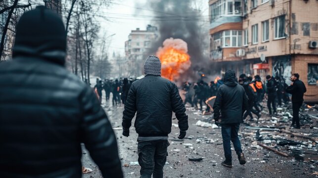 Street unrest: intense city riots featuring violent protest march, with explosions, smoke filling the air, showcasing conflict between angry demonstrators, police amidst chaos of urban disaster.