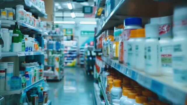 A busy pharmacy aisle filled with various medicine bottles and healthcare products, showcasing the diverse offerings available to customers.
