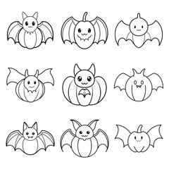 Cute bat pumpkin drawing outline doodle vector icon set illustration