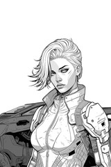 Anime Style Female Cyberpunk Line Art